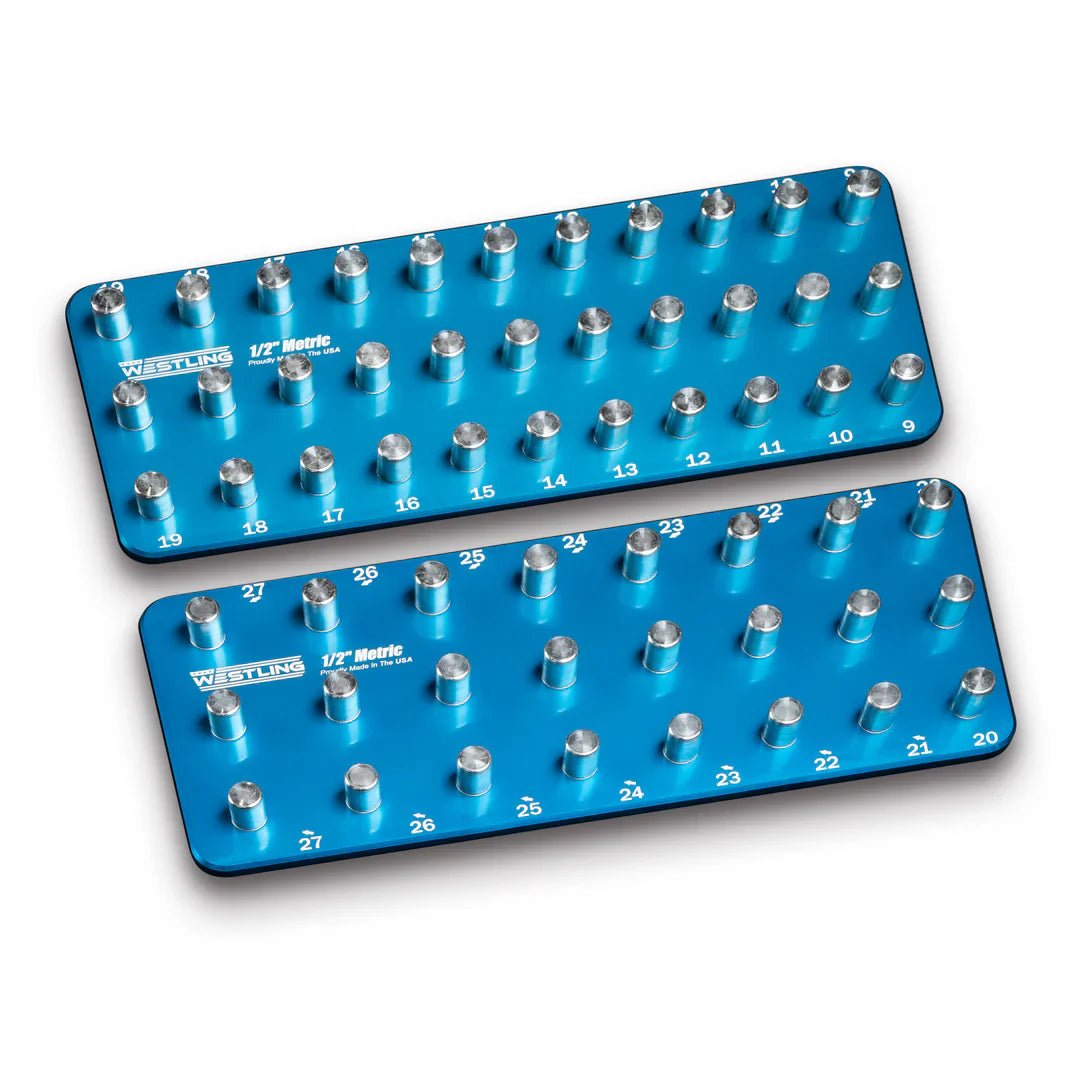 Pair of WESTLING USA blue aluminum socket trays stacked together showing engraved rows.