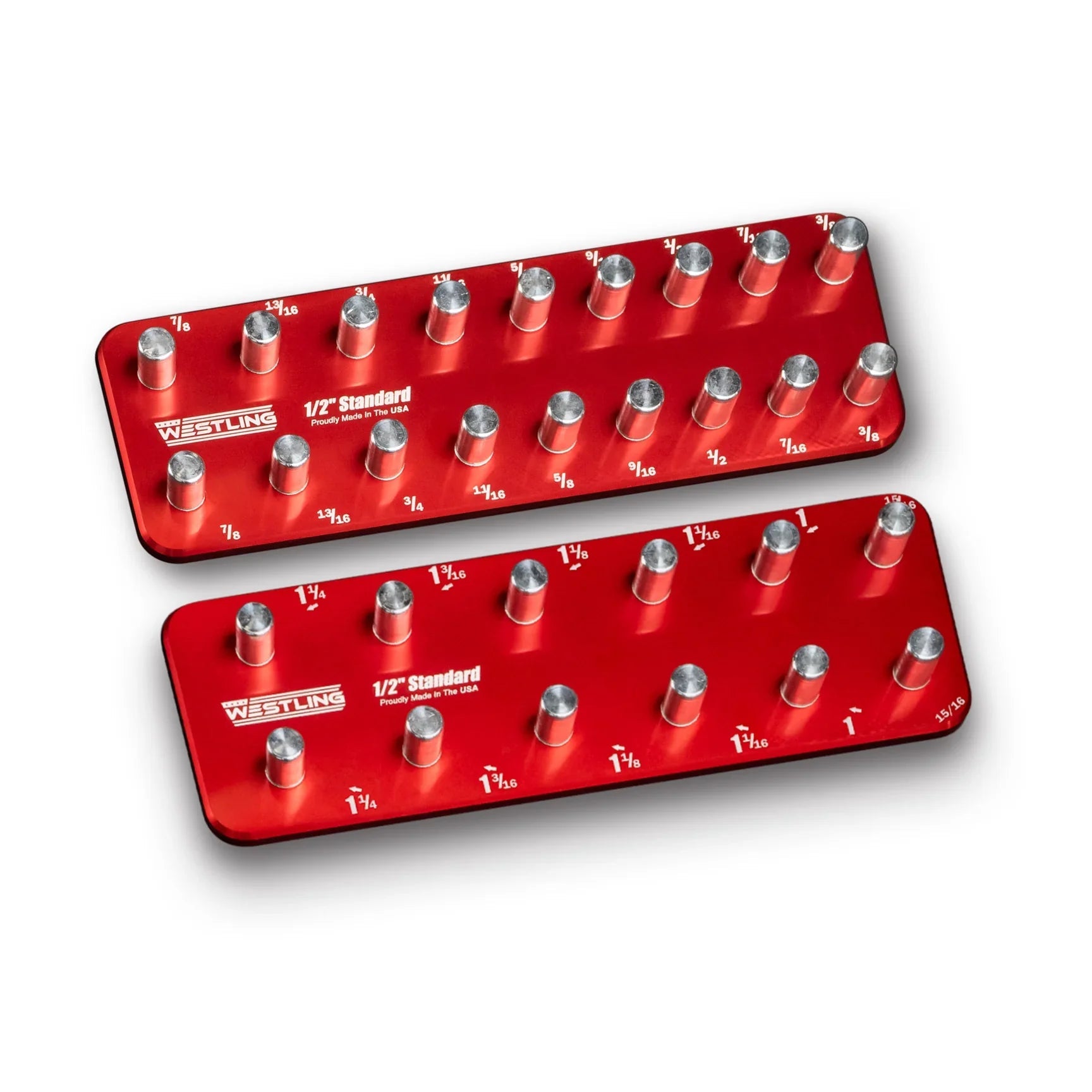 Pair of WESTLING USA red aluminum socket trays stacked together on white background.