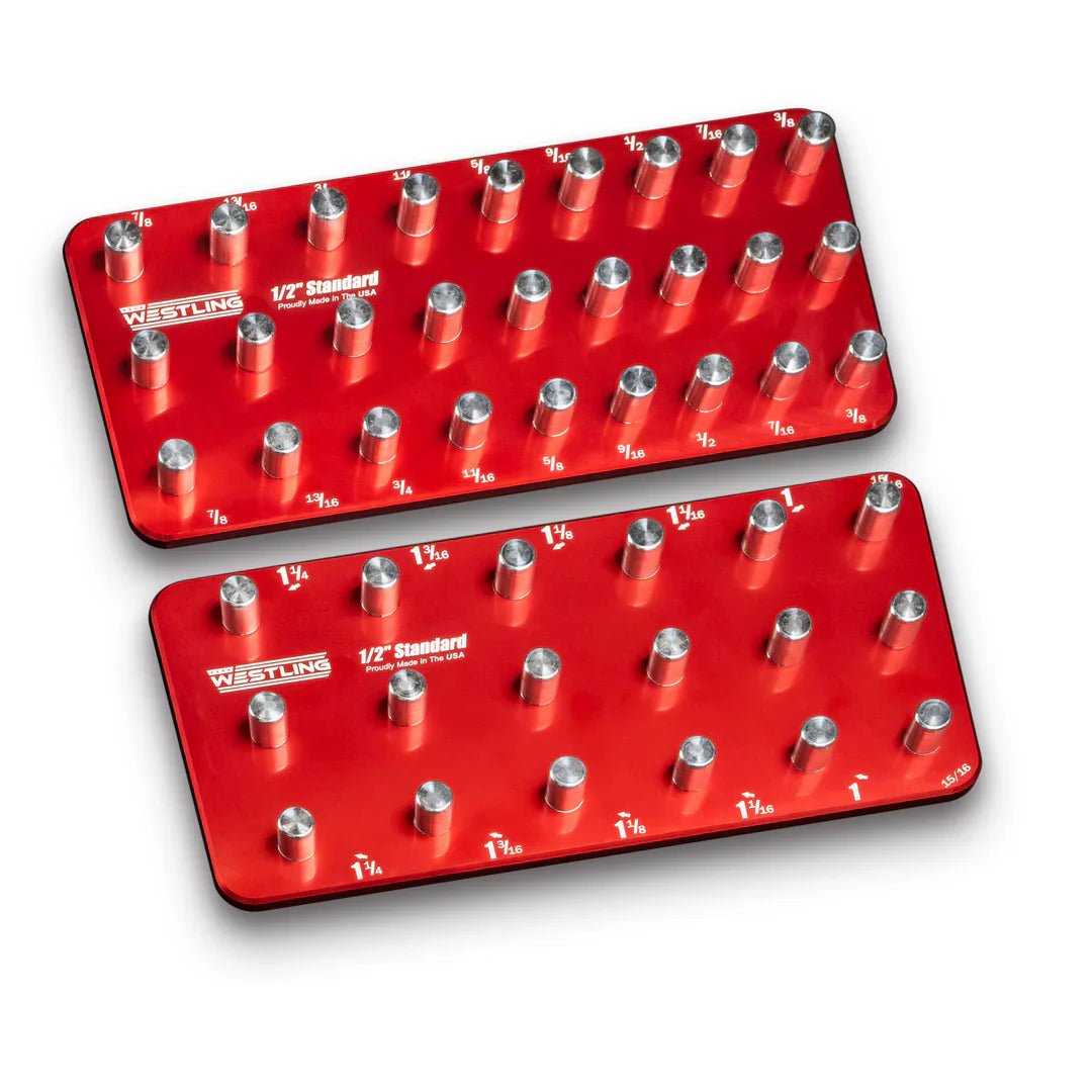 Pair of WESTLING USA red aluminum socket trays stacked together showing three rows.
