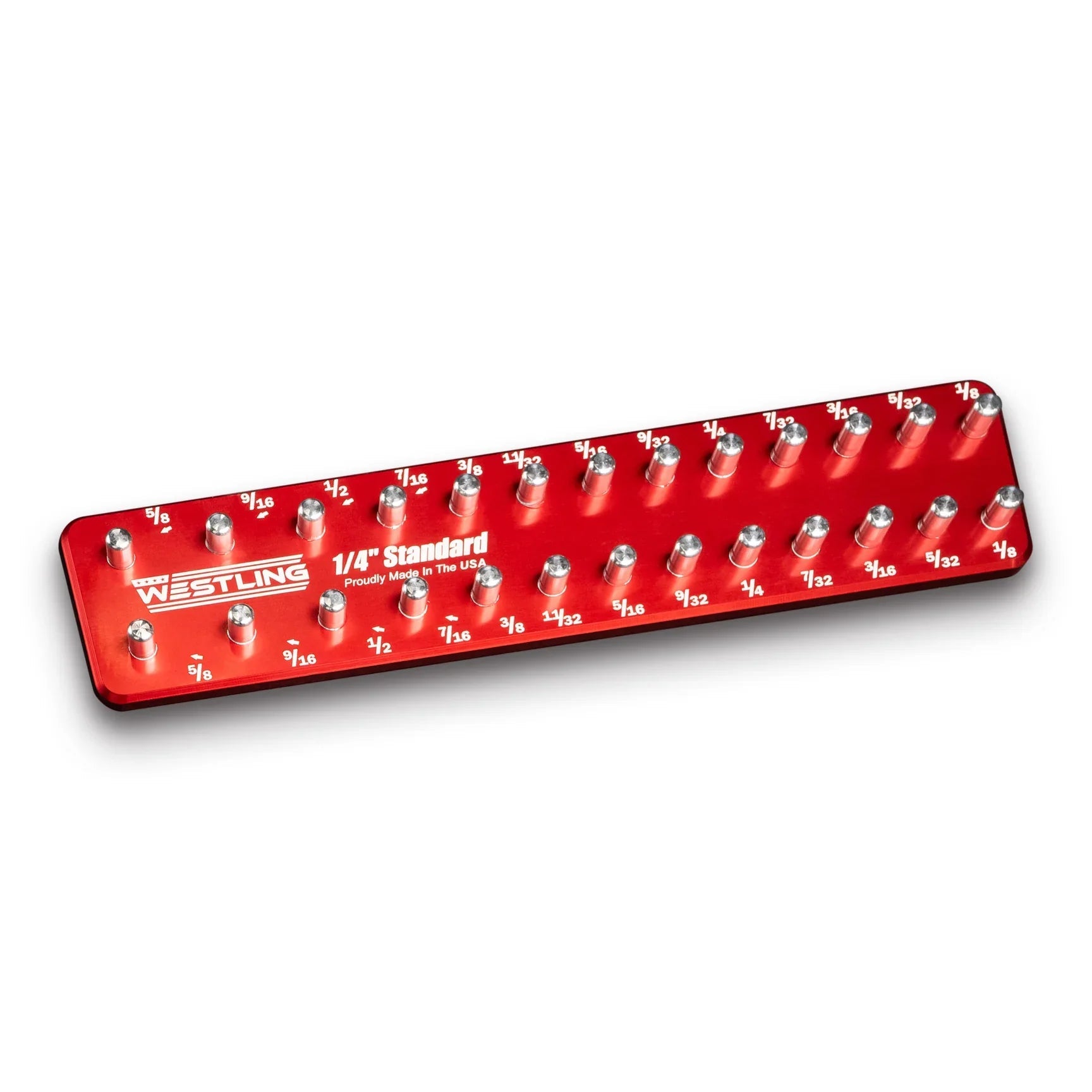 WESTLING USA red aluminum socket tray with two rows of openings on white background.