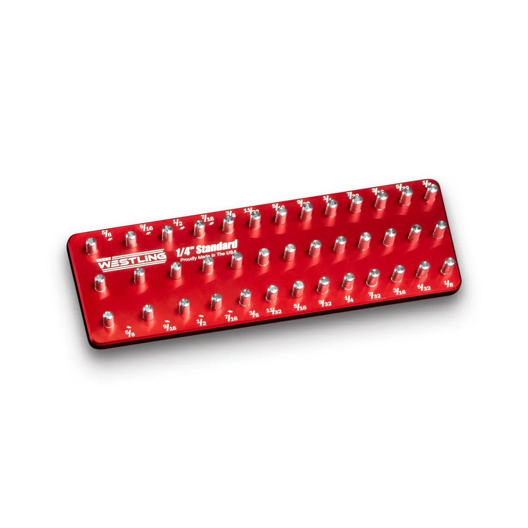 WESTLING USA red aluminum socket tray with three rows of machined openings on white background.