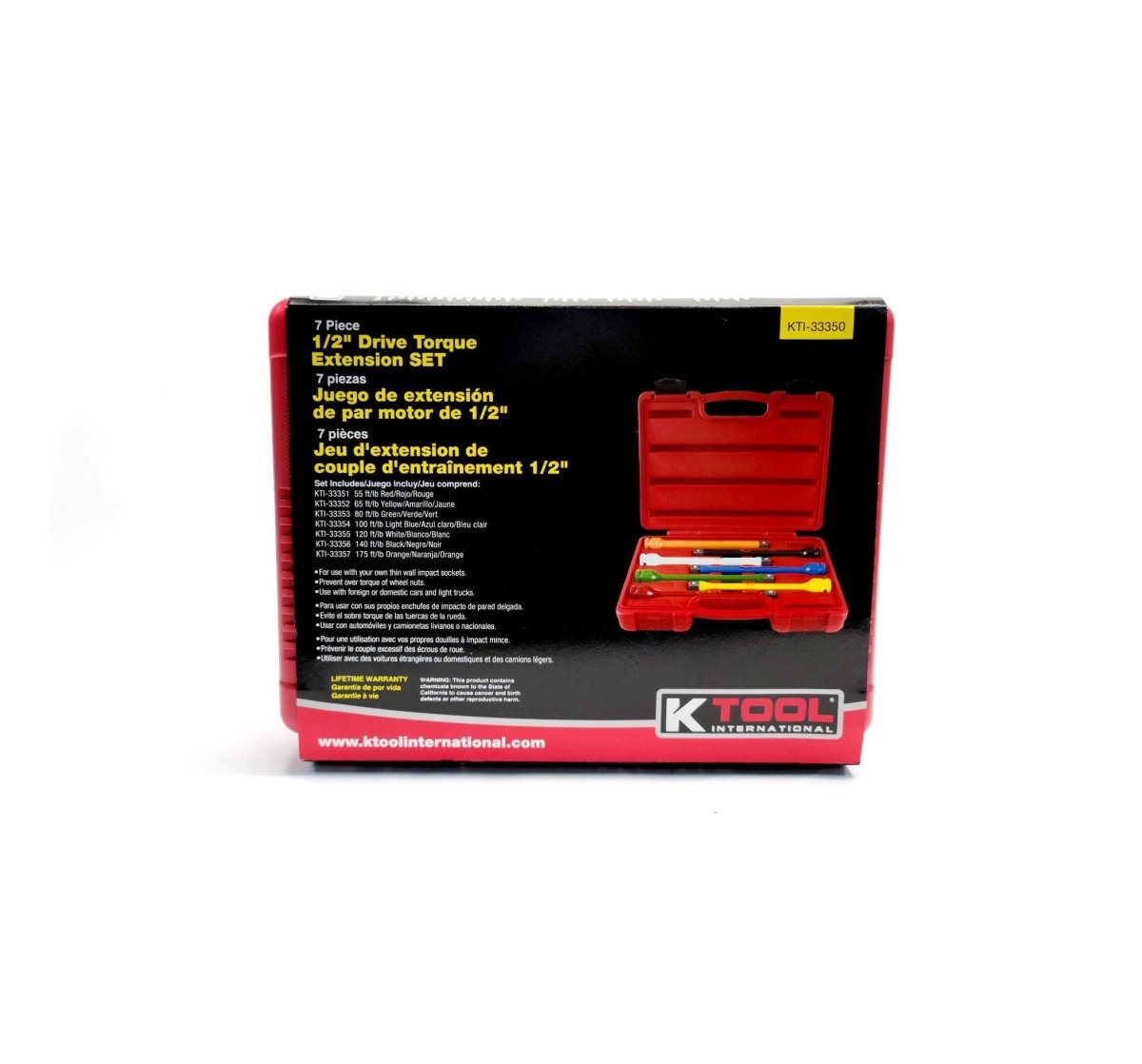 K-TOOL K-3350 7-Pc 1/2" Drive Torque Extension Set, 55-175 ft-lbs, Color-Coded, Impact-Ready