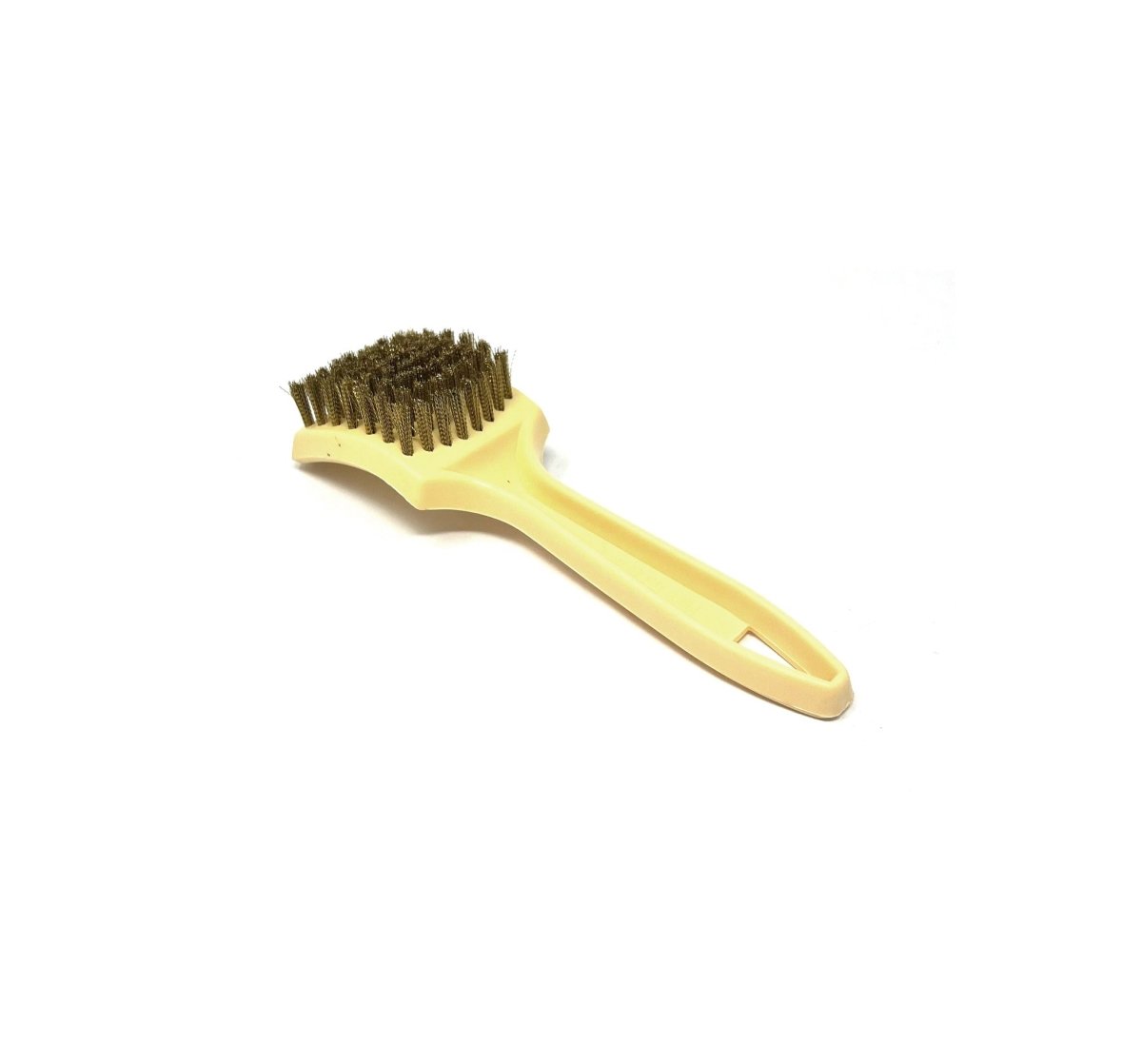 MT-RSR 14-966 sidewall tire brush angled view with yellow plastic handle and compact head for scrubbing tire sidewalls.