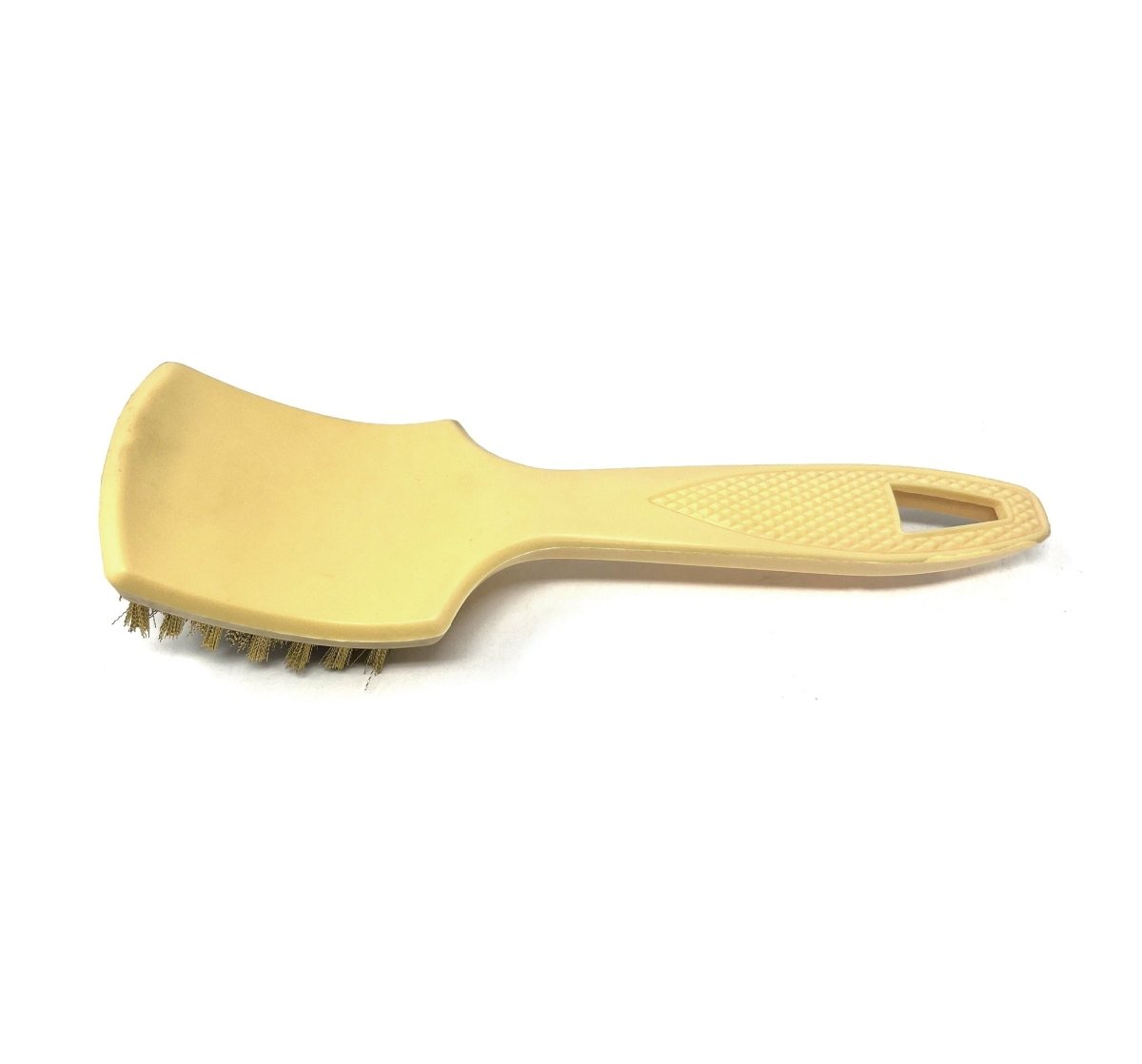 MT-RSR 14-966 sidewall tire brush top view showing smooth yellow plastic back and hanging hole in handle.