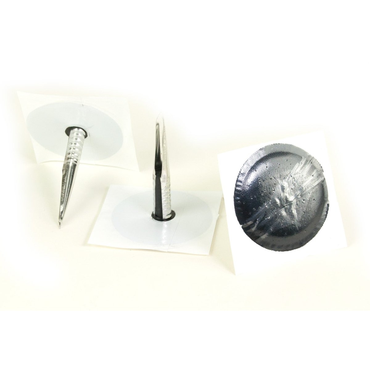 XTRA SEAL round patch plug combo with metal stem and black rubber patch shown on white background.