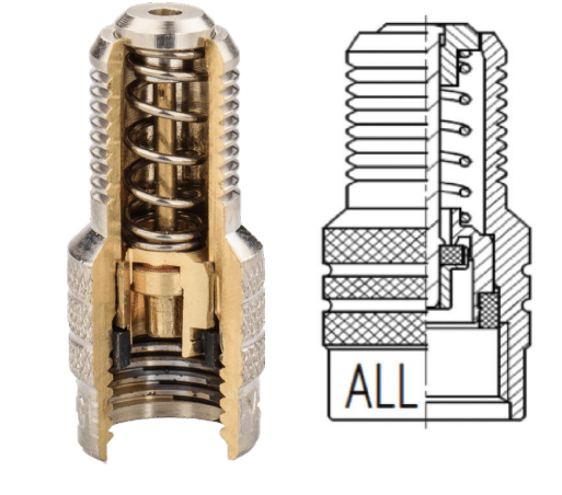 Wegmann Automotive WG-V2B valve cap cross-section showing internal double seal components on white background.