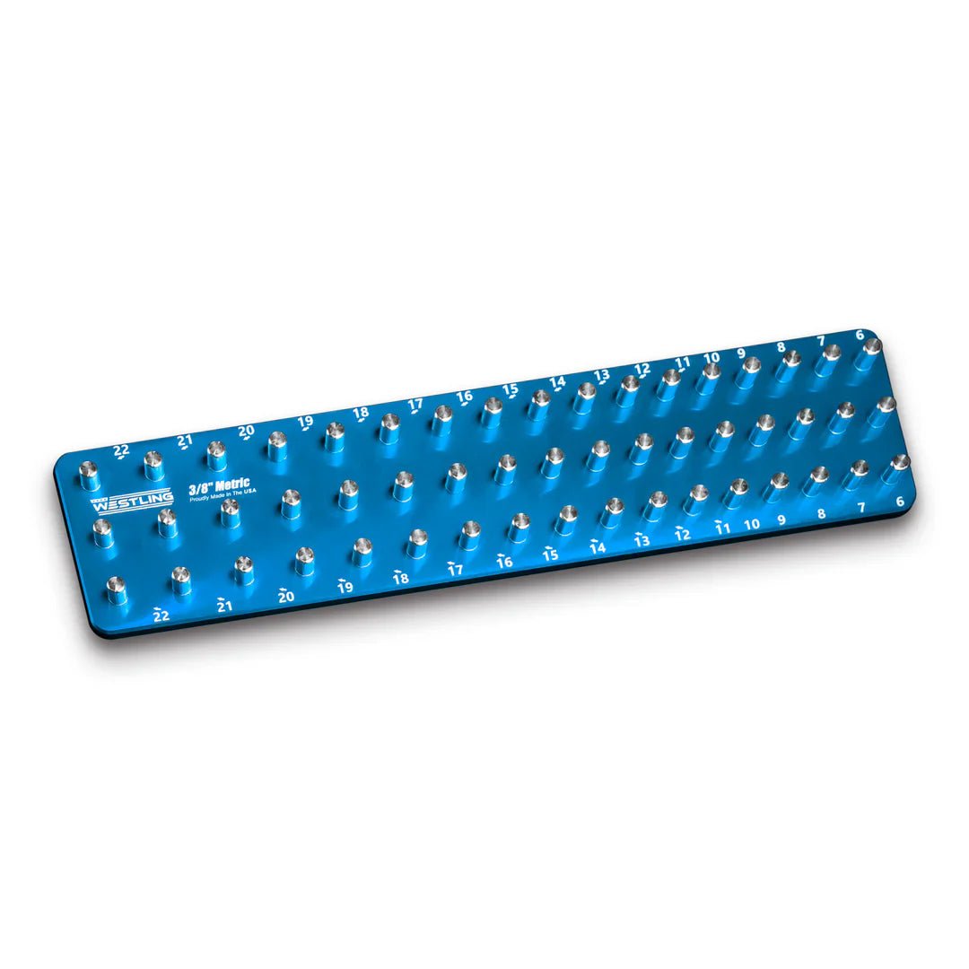 WESTLING USA blue aluminum socket tray angled view showing three organized socket rows.