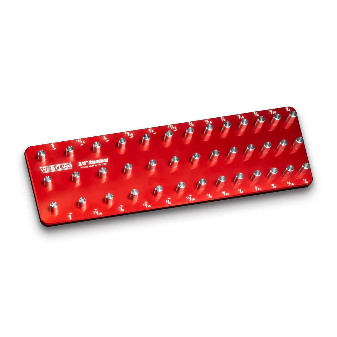 WESTLING USA red aluminum socket tray angled view showing engraved socket layout.