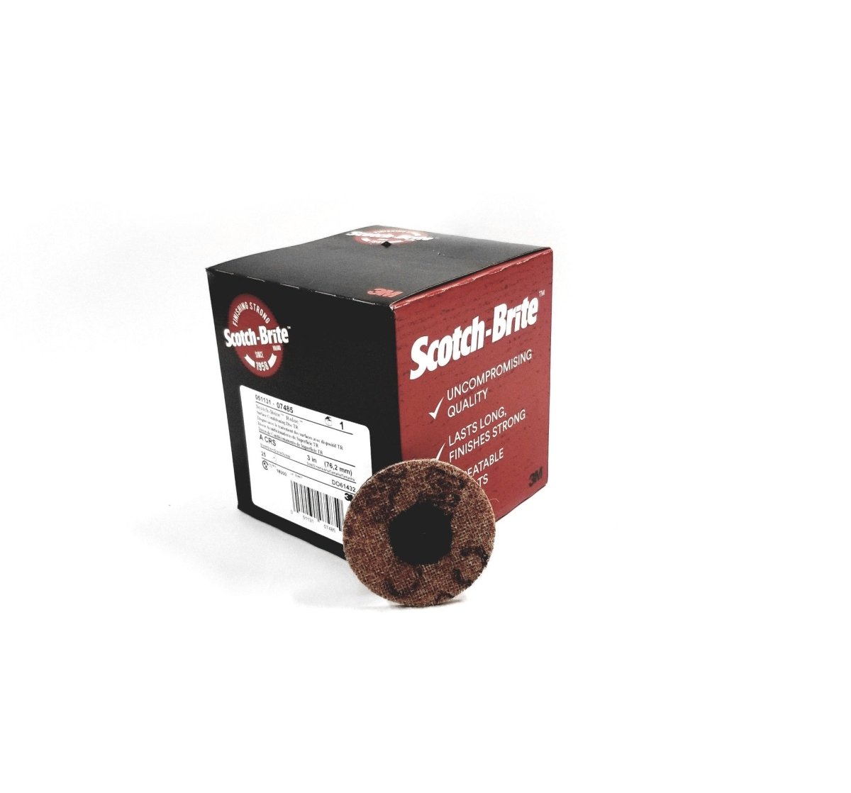 3M 07485 Scotch-Brite 3 inch coarse Roloc disc with TR attachment shown with boxed set.