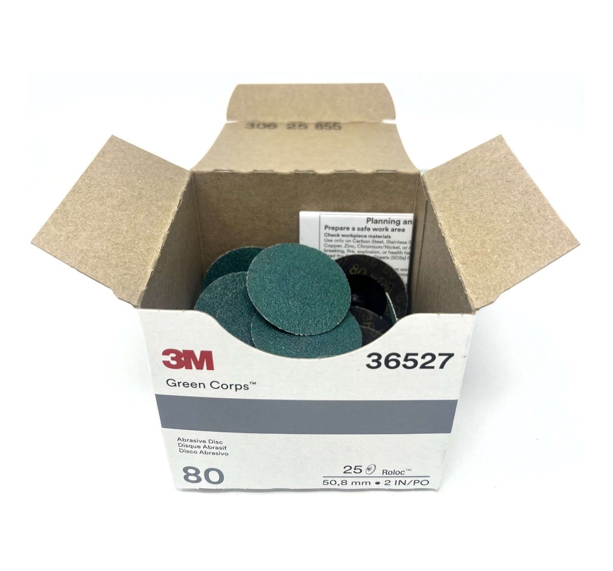 3M 36527 Green Corps Roloc discs in open box showing green 2 inch 80 grit discs on white background