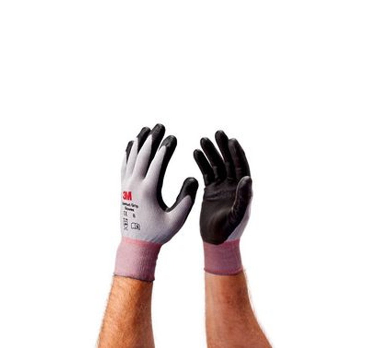 3M 84912 Comfort Grip Gloves medium shown on hands, gray backs with black palms, front and back view.