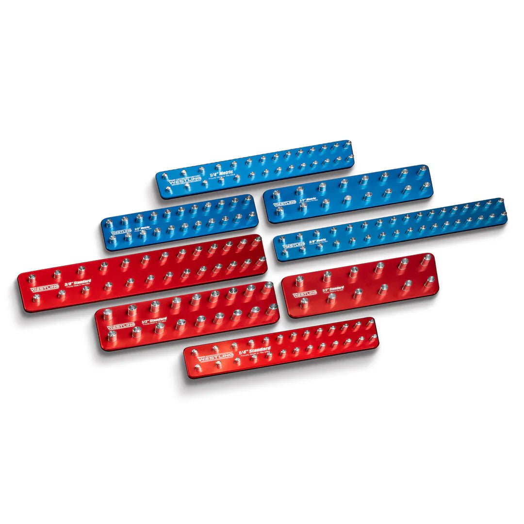 WESTLING USA blue and red aluminum socket trays displayed together on white background.