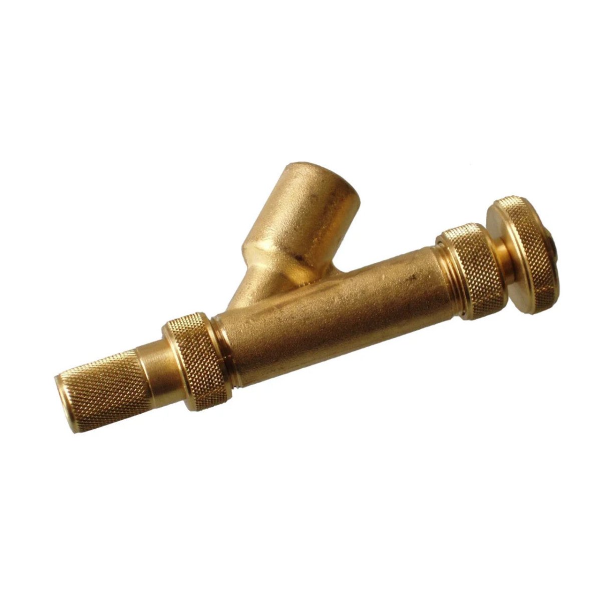 MT-RSR 15096 brass liquid core injector tool with angled port and knurled fittings on white background.