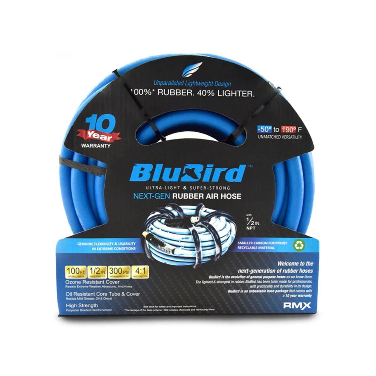 BLU-BIRD BB12100 1/2" x 100' Rubber Air Hose, Heavy Duty, Weather Resistant