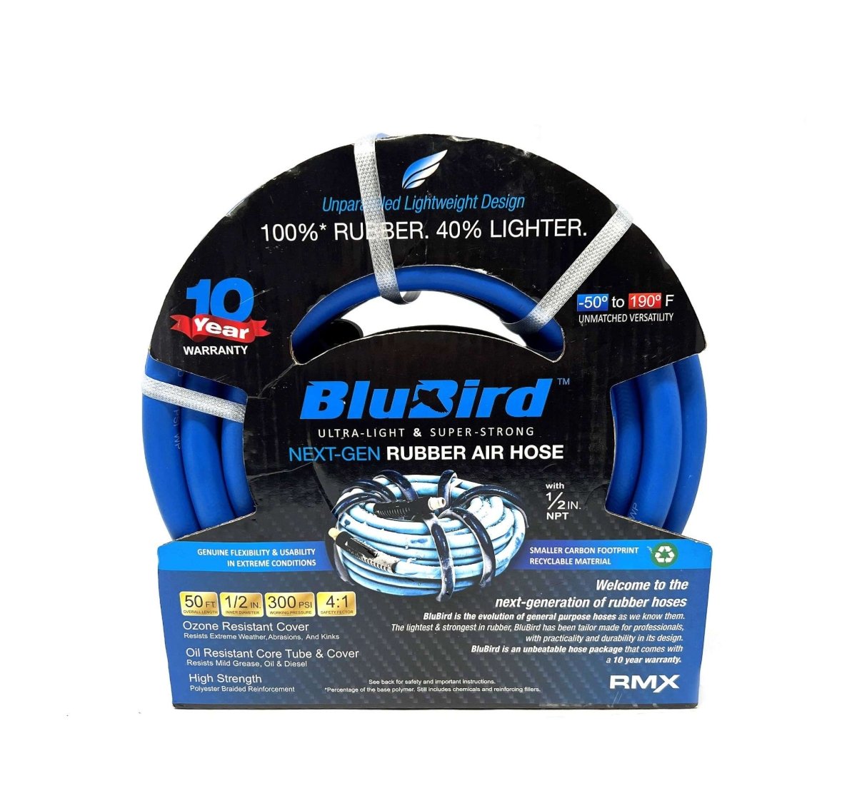 BLU-BIRD BB1250 Rubber Air Hose, 1/2" x 50', 300 PSI, Brass Fittings