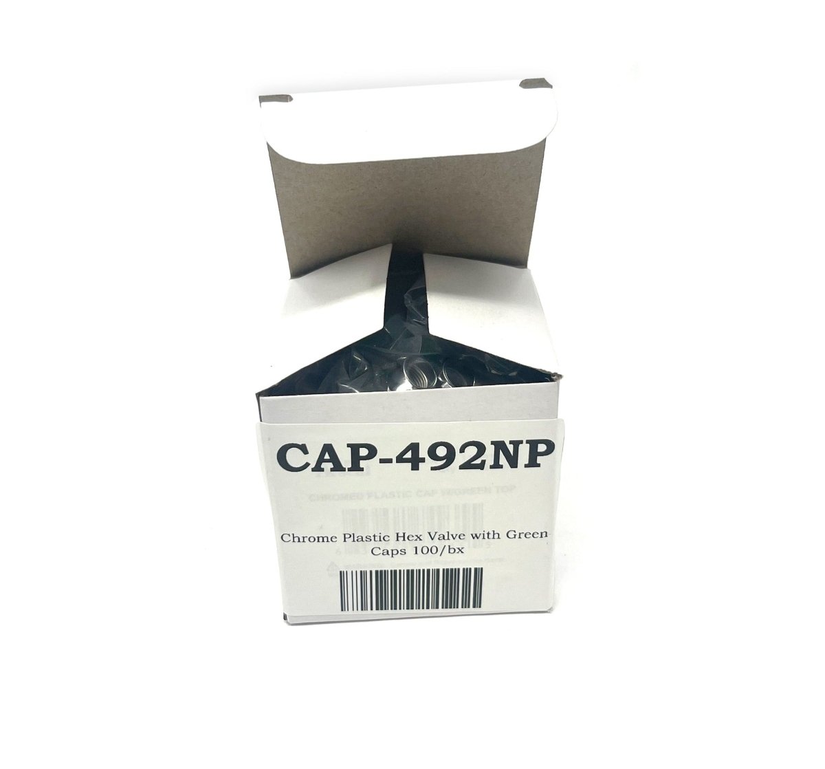 MT-RSR CAP-492NP box of 100 chrome tire valve caps with green tops shown open.