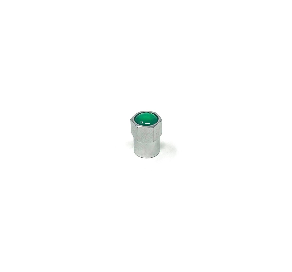 Side view of MT-RSR CAP-492NP tire valve cap showing chrome body and green end.