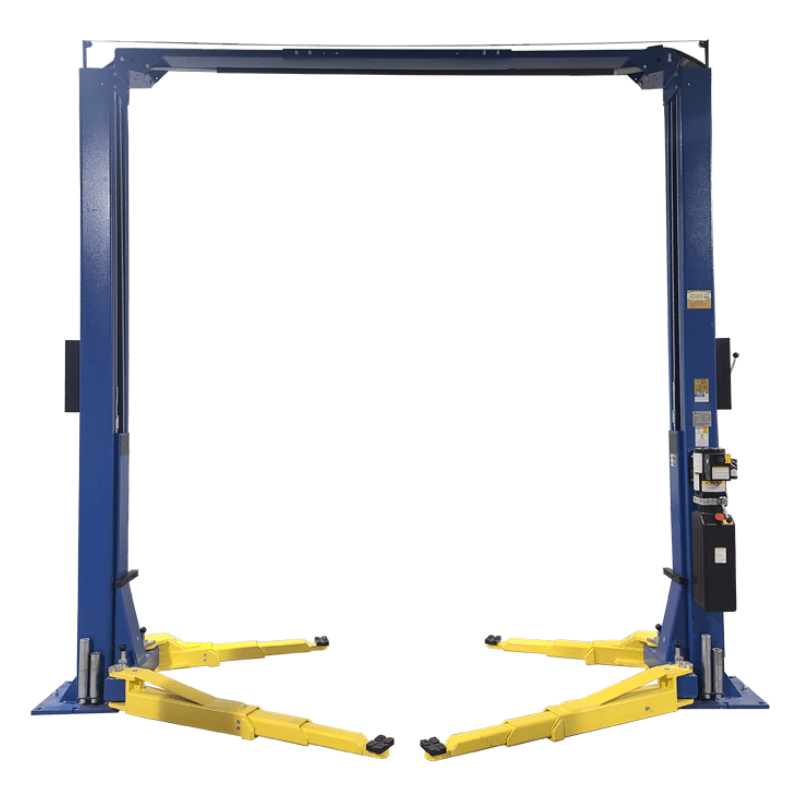 Daytona BR10-2OH-33 10,000 lb 2-post lift with an overhead beam and four yellow swing arms