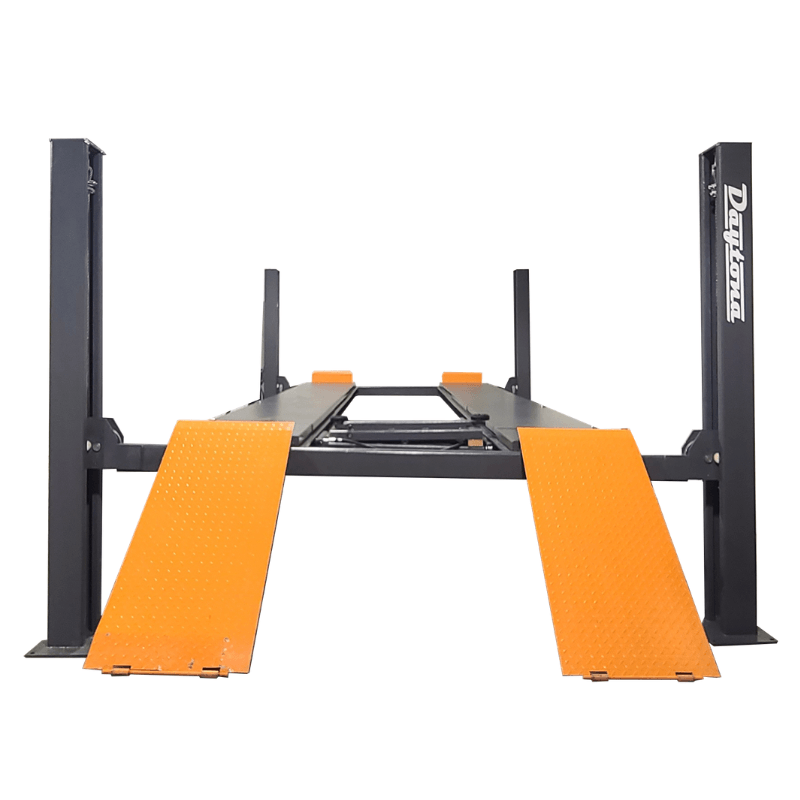 Daytona LFPA24 truck alignment rack with four posts and two orange drive-on ramps
