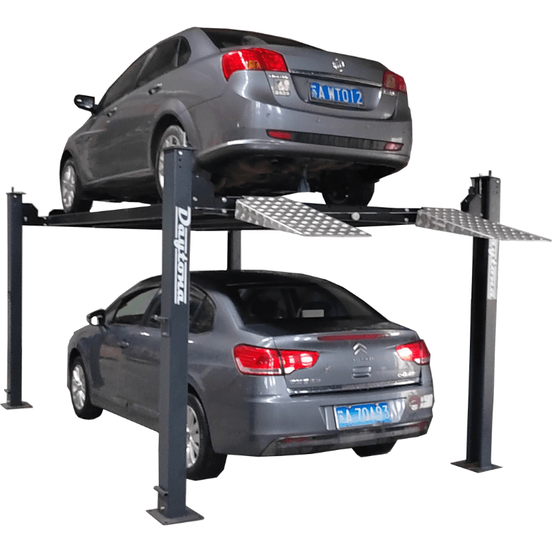 Daytona LFPP10 4-post car storage lift from a rear corner, holding one sedan above another