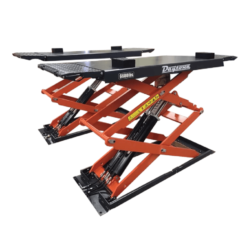 Daytona LHS7 full-rise scissor lift with twin raised platforms on orange scissor frames