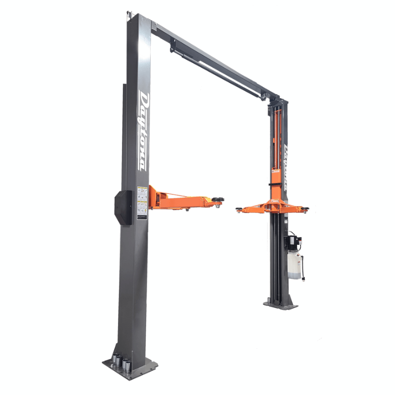 Daytona LTPA12 12,000 lb 2-post lift with an overhead beam, gray columns, and orange swing arms