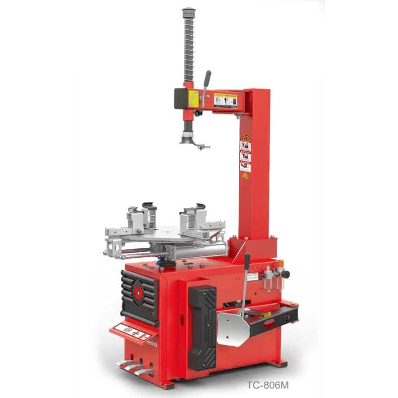 Daytona TC-806M motorcycle tire machine with raised clamps on the turntable and a side bead breaker