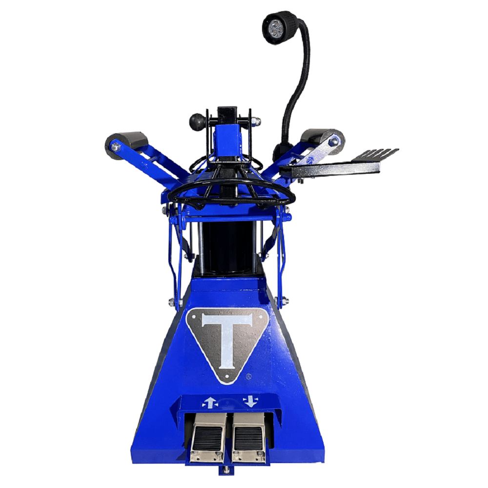 TRIUMPH TS-850 blue pneumatic tire spreader shown upright with adjustable arms and control lever.