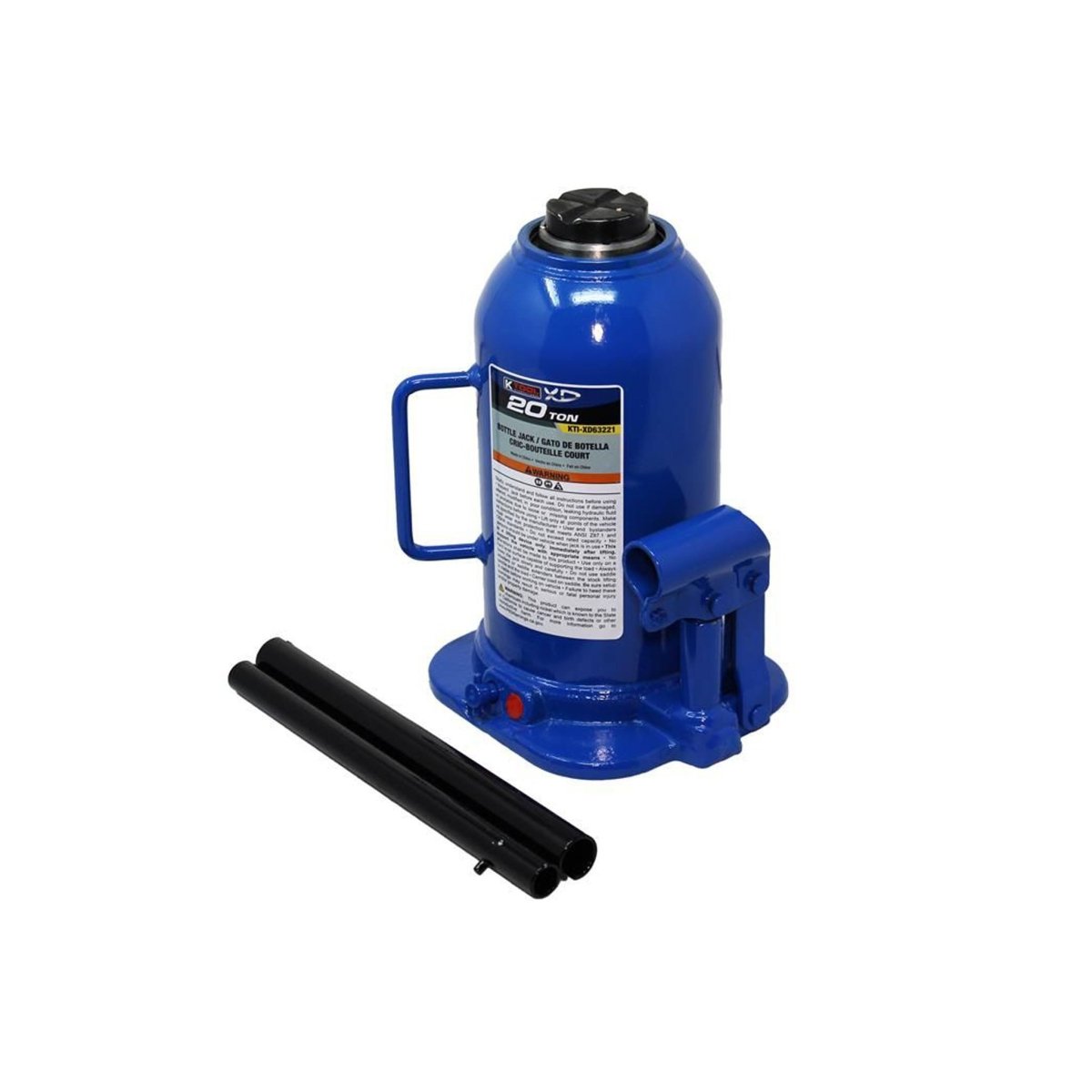 K-TOOL K-63221 20-Ton Welded Bottle Jack, Adjustable Ram, Load-Limiting Valves