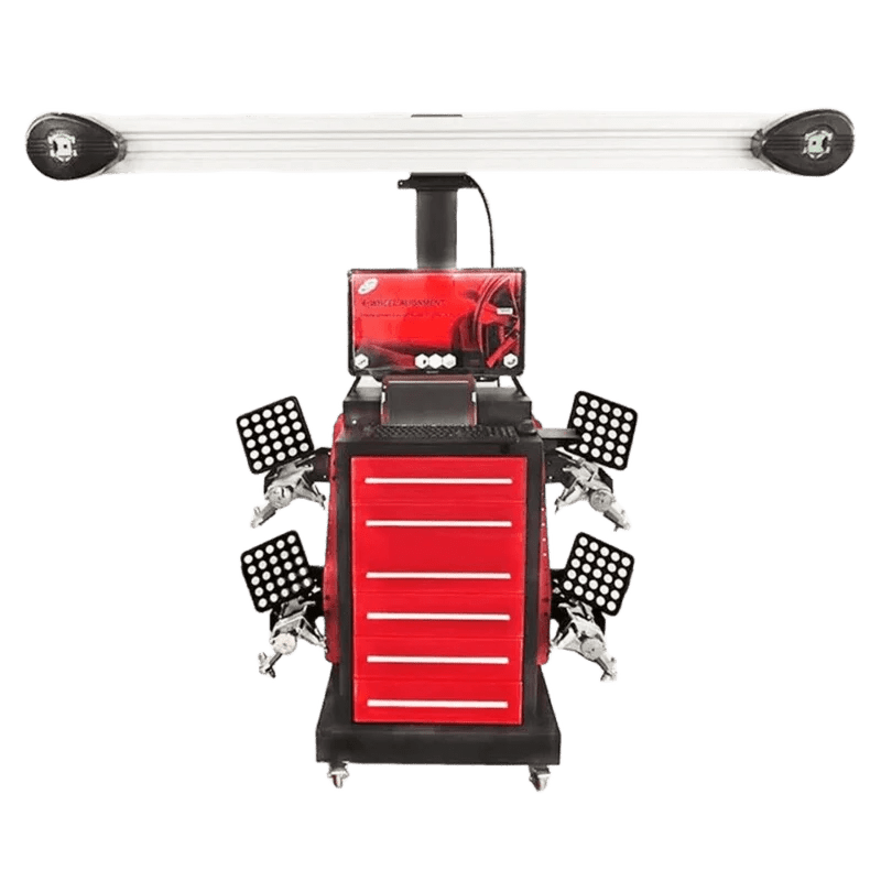 Katool KT-AV651 wheel alignment machine front view showing dual cameras, sensor targets, and red mobile control cabinet on casters