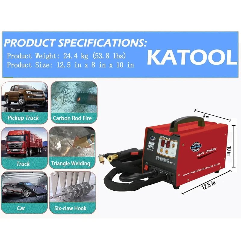 Katool 90E spot welder specifications graphic showing 12.5 × 8 × 10 in dimensions and automotive repair use.