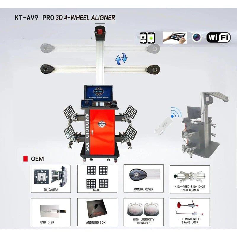Katool KT-AV9 wheel alignment machine feature layout showing 3D cameras, wheel clamps, targets, Android box, turntable, brake lock, and wireless connectivity.