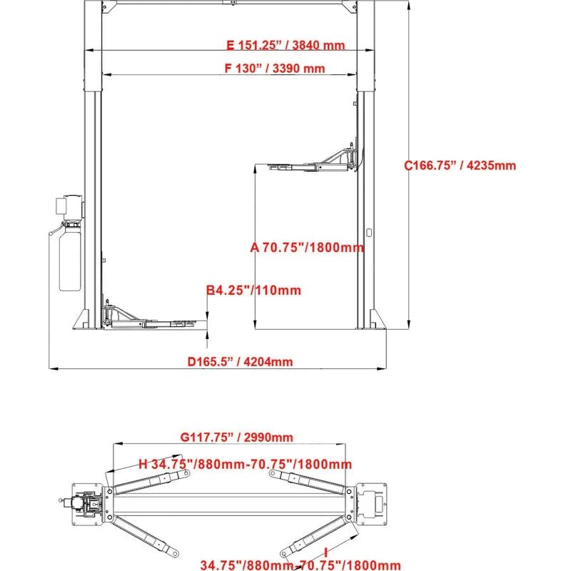 Arm reach range and swing radius diagram for lifting long-wheelbase trucks