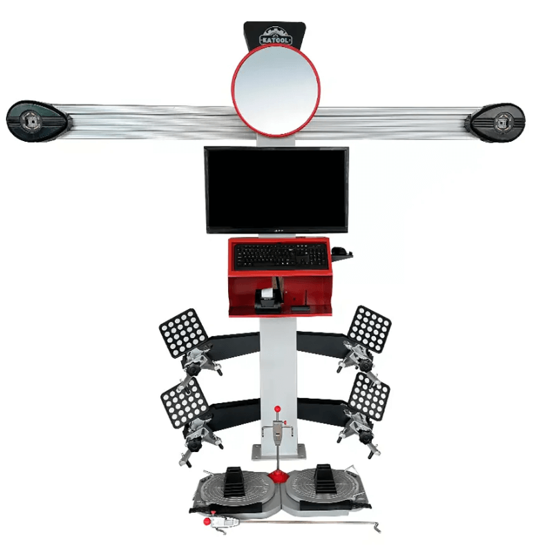 Katool AV533 3D wheel alignment machine with cameras, monitor, and sensor targets for precise automotive wheel alignment