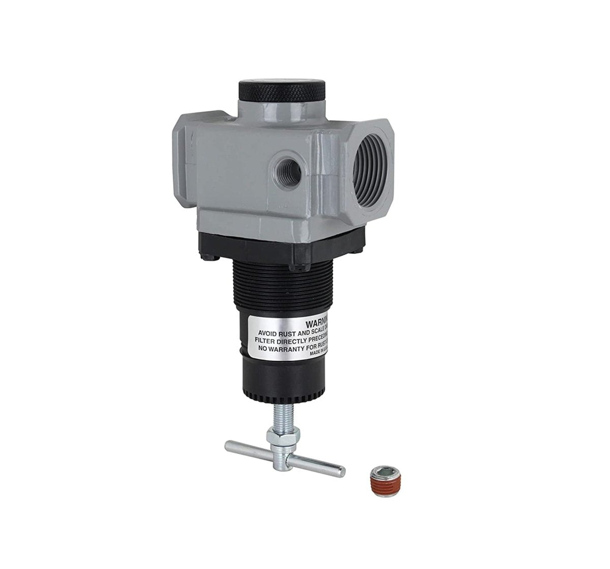 MILTON MIL-1027-8 gray and black air regulator with side ports and T handle, shown with small separate fitting.