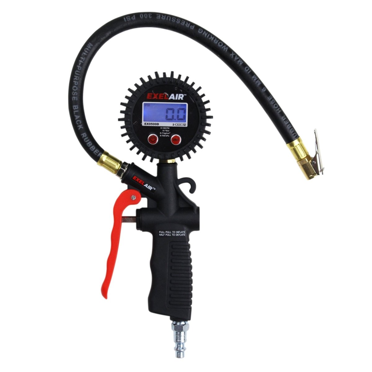 MILTON EX0500D Digital Pistol Grip Tire Inflator/Deflator Gauge, 100 PSI, Backlit LCD, 16" Hose
