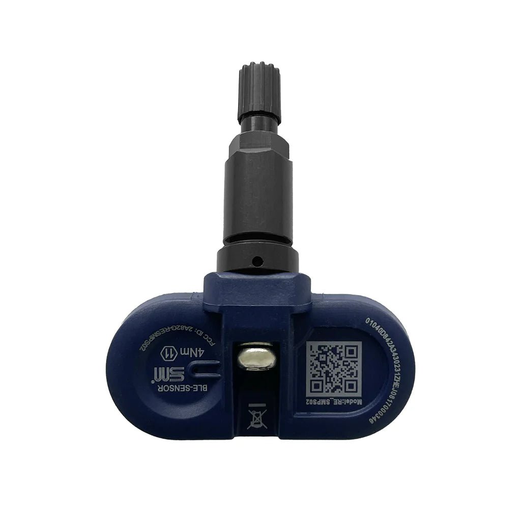 SIMING SM-BLE TPMS sensor for Tesla shown front view with dark blue body and black valve stem.