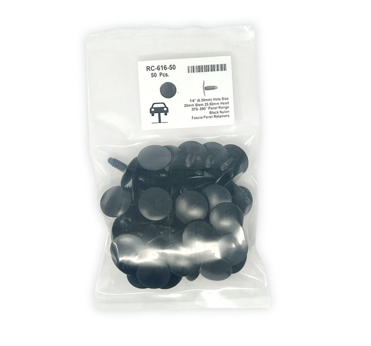MT-RSR RC-616-50 Black Nylon Fascia Panel Retainer, 25mm Head, 7.5mm Stem, 20mm Length (Pack of 50), Chrysler #6501067