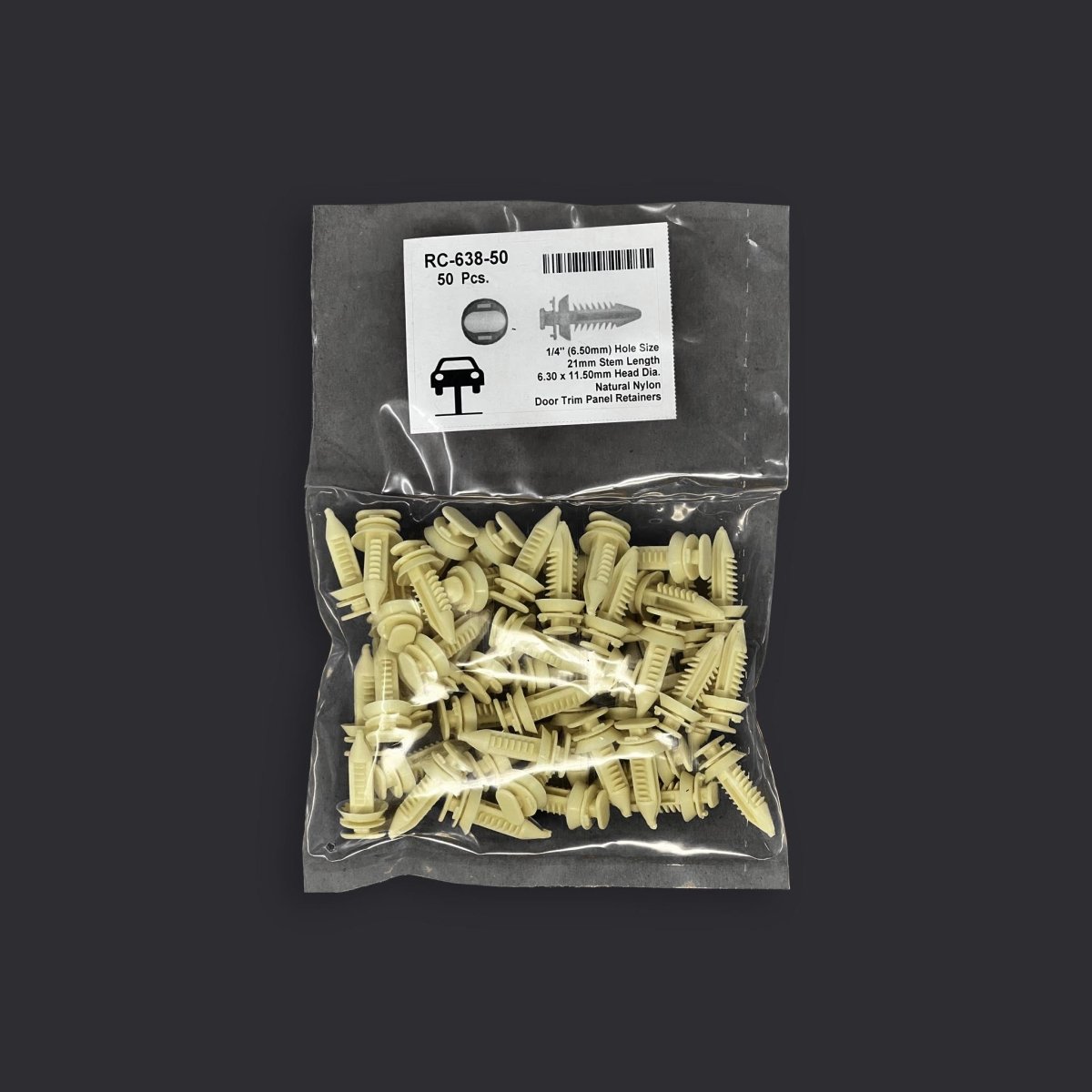 MT-RSR RC-638-50 Nylon Door Panel Retainer Clip, 6.5mm Hole, 21mm Stem (50 Pack)