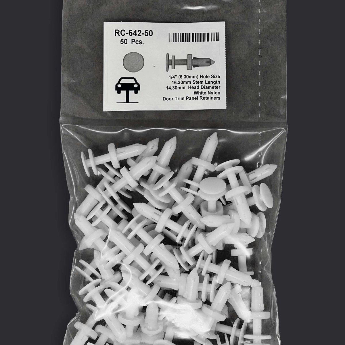 MT-RSR RC-642-50 White Nylon Door Push Retainer Clip, 1/4" Hole, 11/16" Stem (Pack of 50)