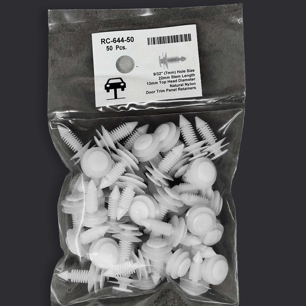 MT-RSR RC-644-50 Nylon Door Panel Retainer, 7mm Hole, 22mm Stem (Pack of 50)