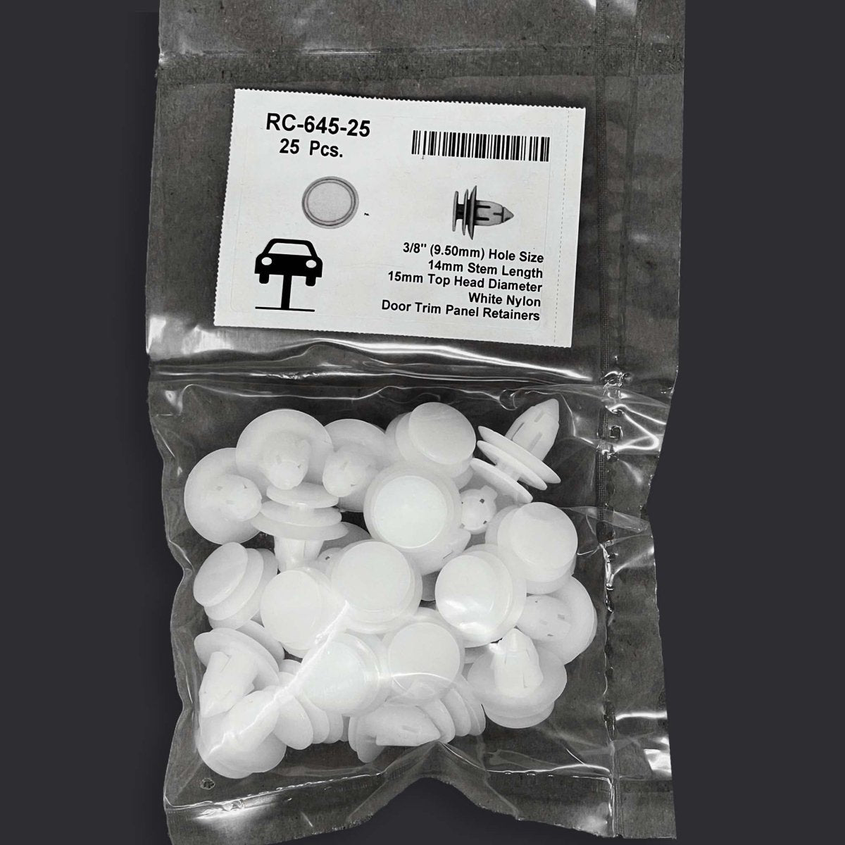 MT-RSR RC-645-25 White Nylon Door Panel Retainer, 9.5mm Hole, 15mm Head, 14mm Stem (Pack of 25)