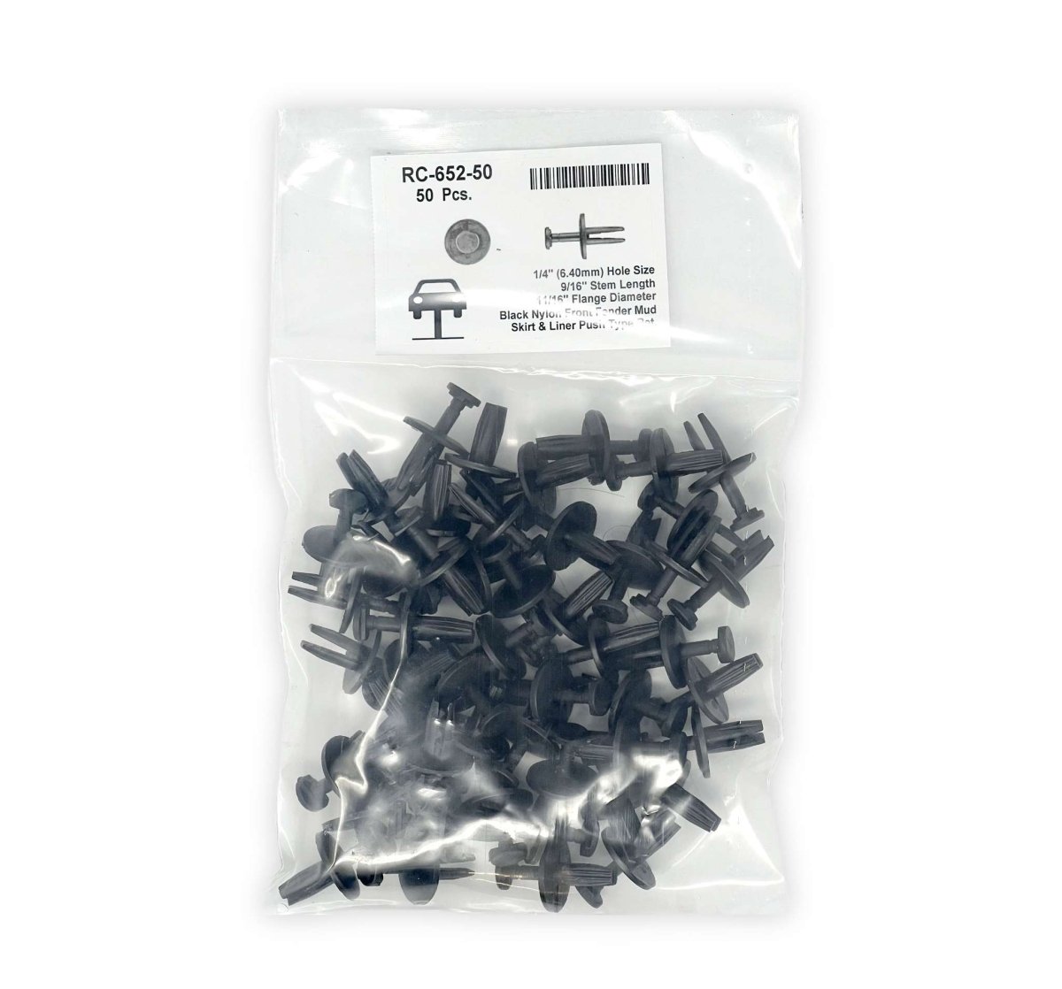 MT-RSR RC-652-50 Push-Type Retainer, Black Nylon, 11/16" Head Dia, 9/16" Stem, Fits 1/4" Hole, Pack of 50
