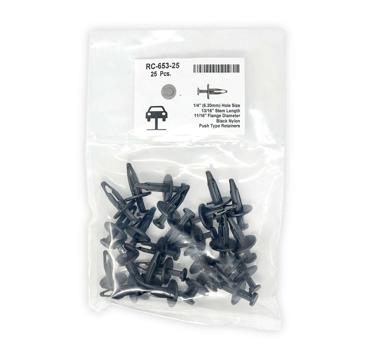 MT-RSR RC-653-25 Black Nylon Push-Type Retainer, 11/16" Head, 13/16" Stem, Fits 1/4" Hole (Pack of 25)