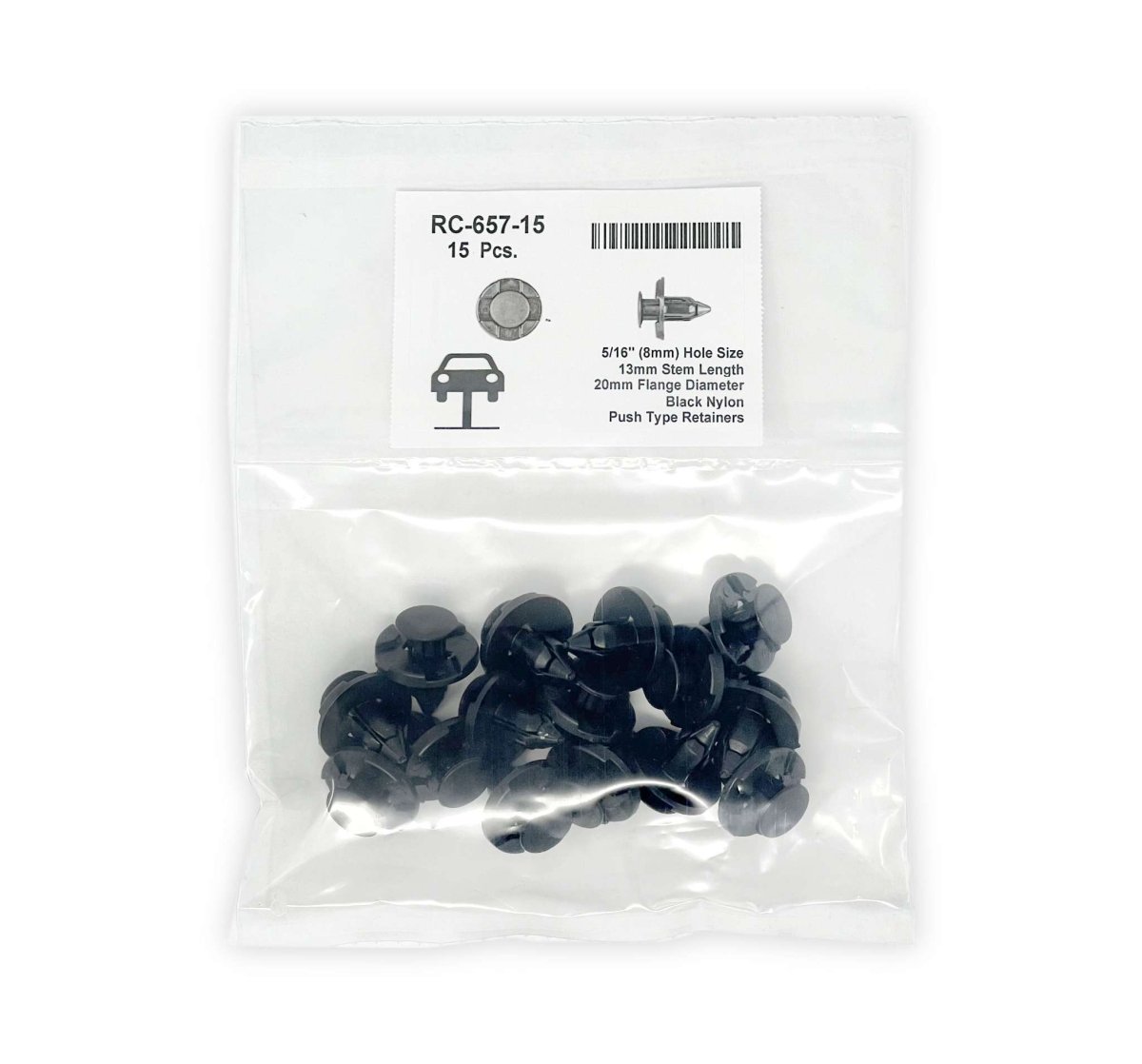 MT-RSR RC-657-15 Black Nylon Push-Type Retainer, 8mm Hole, 9mm Stem (Pack of 15)