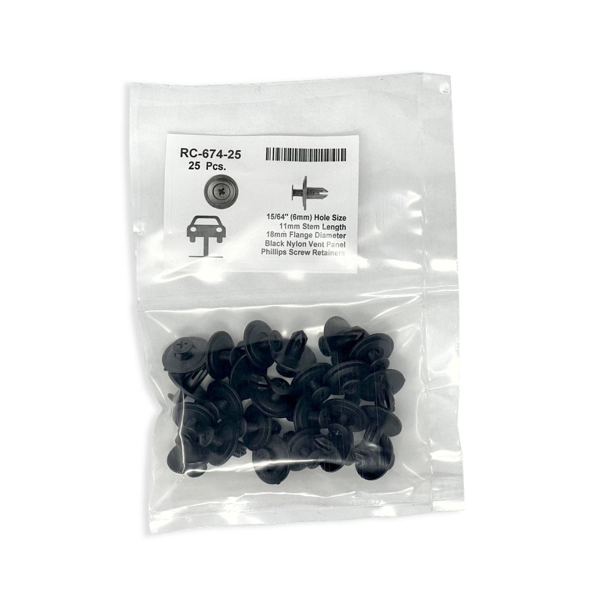 MT-RSR RC-674-25 Screw Retainer Clip, 6mm Hole Size, 11mm Stem Length, Black Nylon (Pack of 25)
