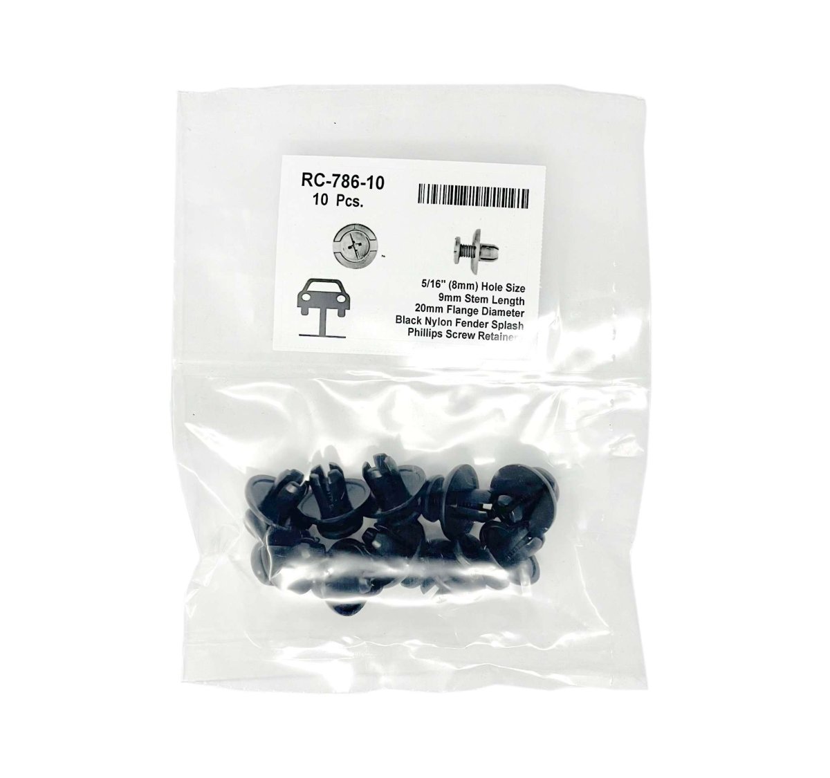 MT-RSR RC-786-10 Nylon Fender Splash Shield Retainer, 8mm Hole, 9mm Stem (Pack of 10)