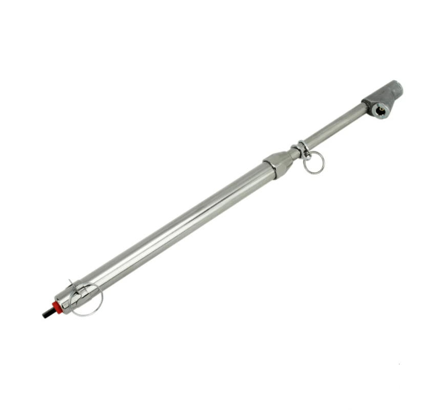MILTON MIL-S-986C dual foot air gauge with angled head and sliding pencil scale, nickel finish, shown at slight angle.