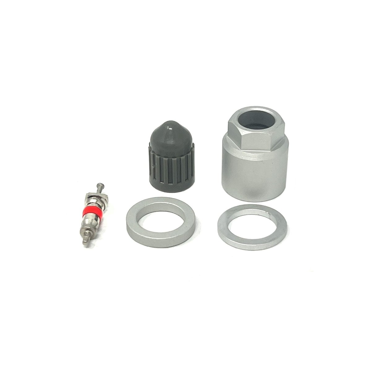 MT-RSR TPS-6110 components laid out: valve core, black cap, metal nut and two seals on white.