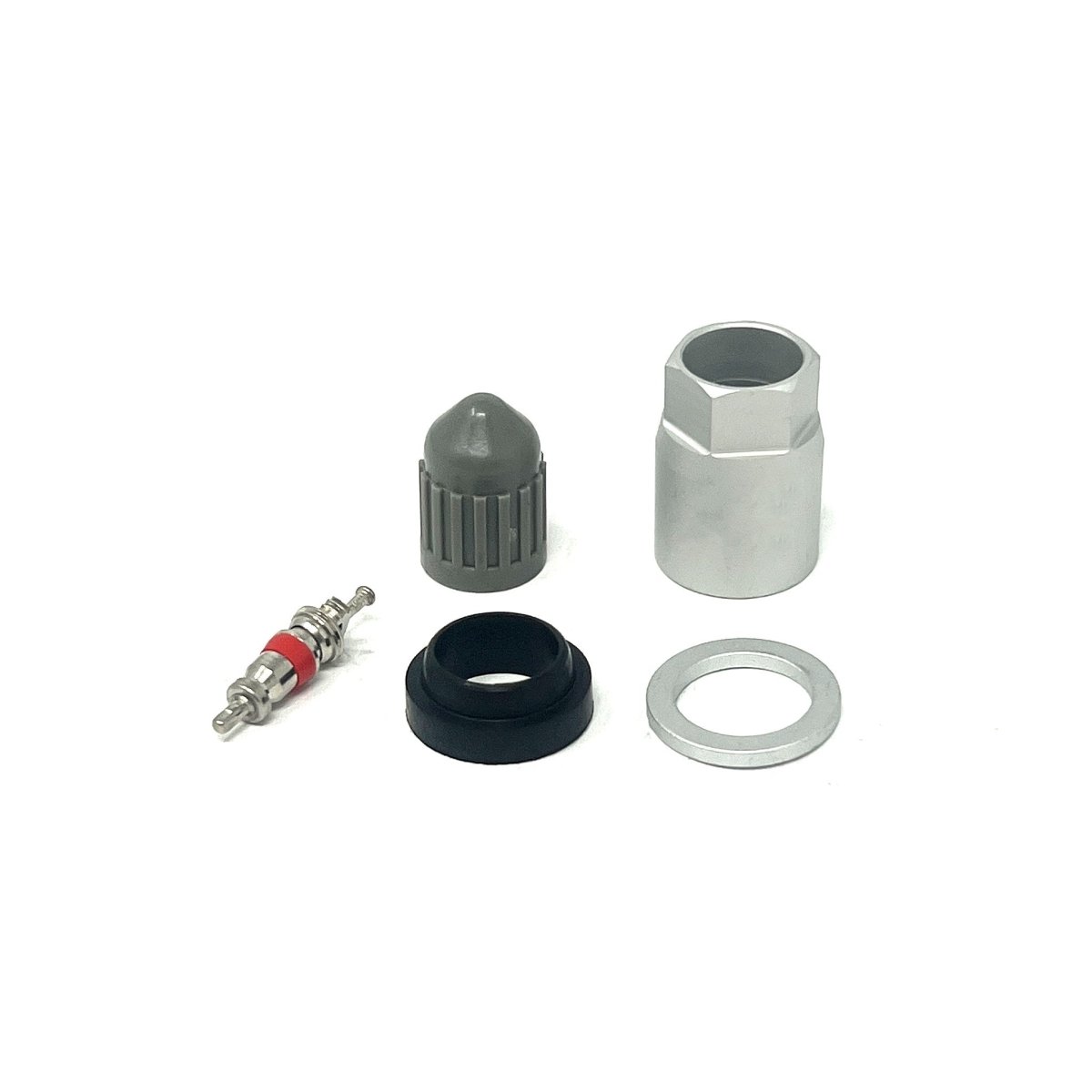 MT-RSR TPS-6111 components arranged: valve core, black cap, grommet, metal nut and washer on white background.